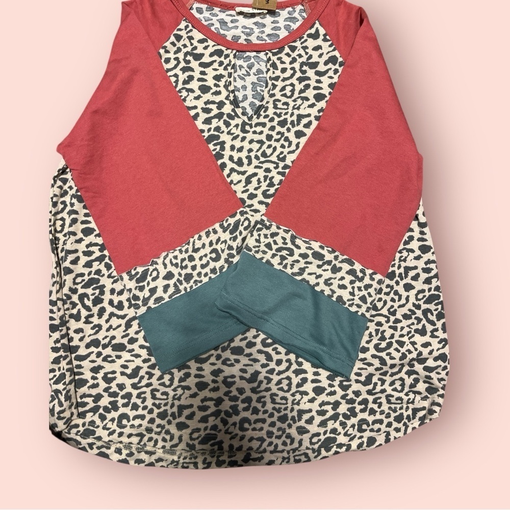 Leopard Print Women’s Top with Red and Teal Accent Long Sleeves - Picture 2 of 5